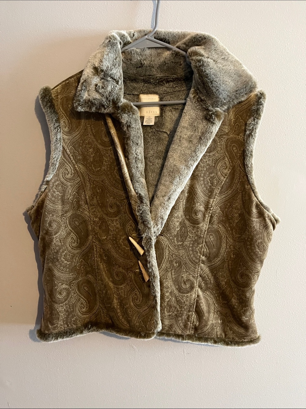 J. Jill Olive Paisley Faux-Fur Trim Vest